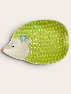 VTG Pier 1 Hedgehog Dish Spoon Rest Ceramic Lime Green Discontinued Kitschy Cute